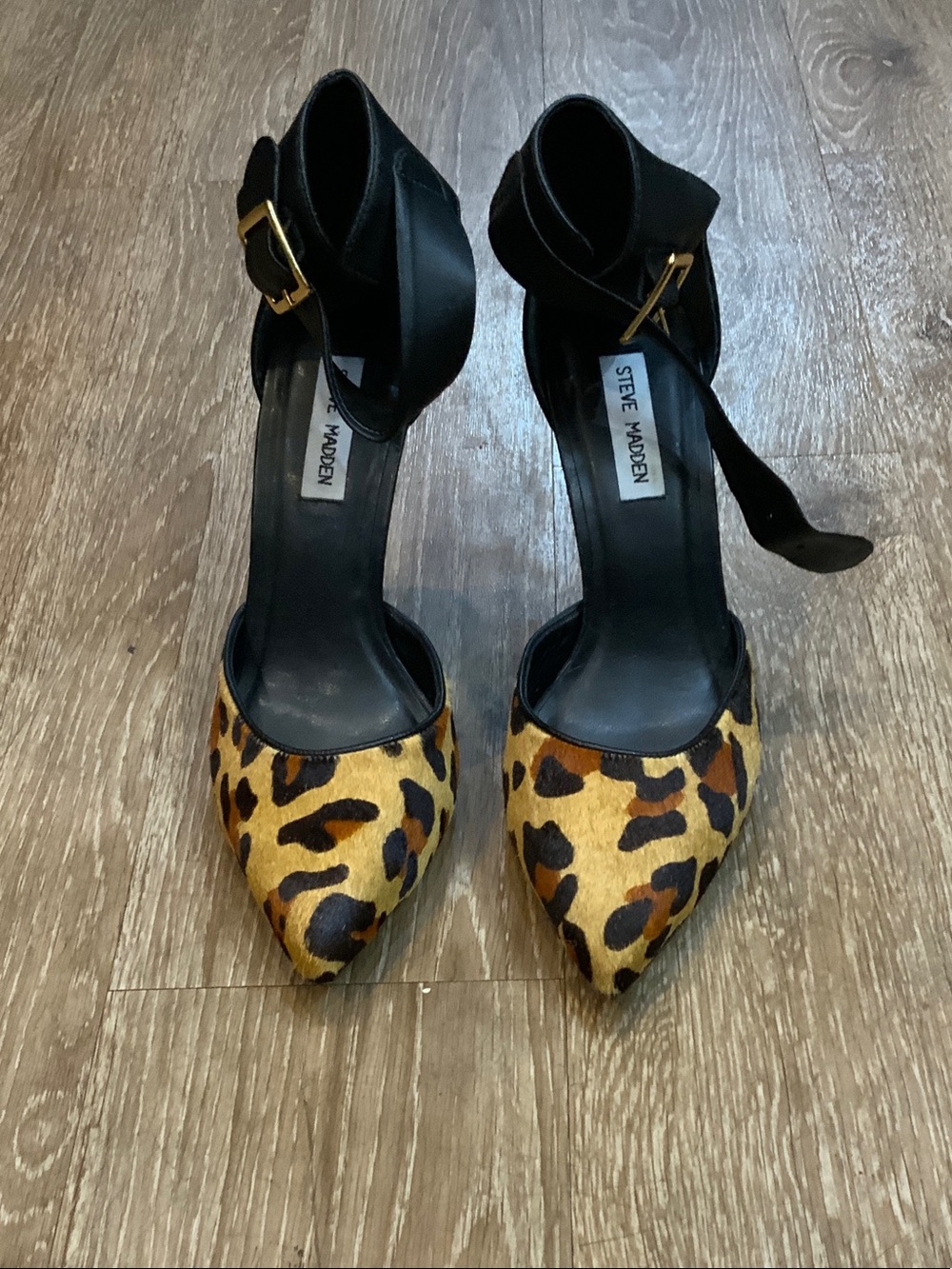 Steve Madden Leopard Print Pointed-Toe Ankle-Strap Heels in Black and Brown